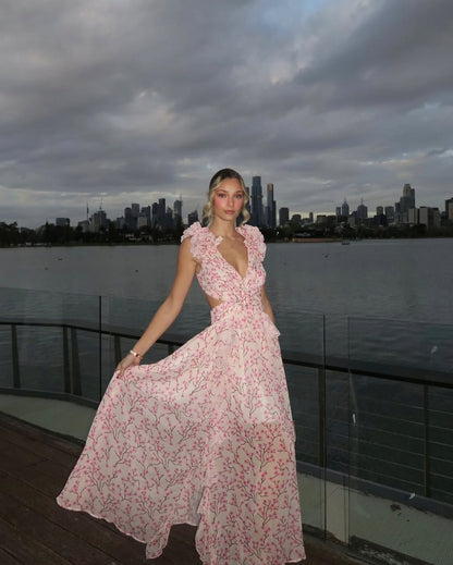 Floral Cutout Tiered Ruffle Maxi Dress