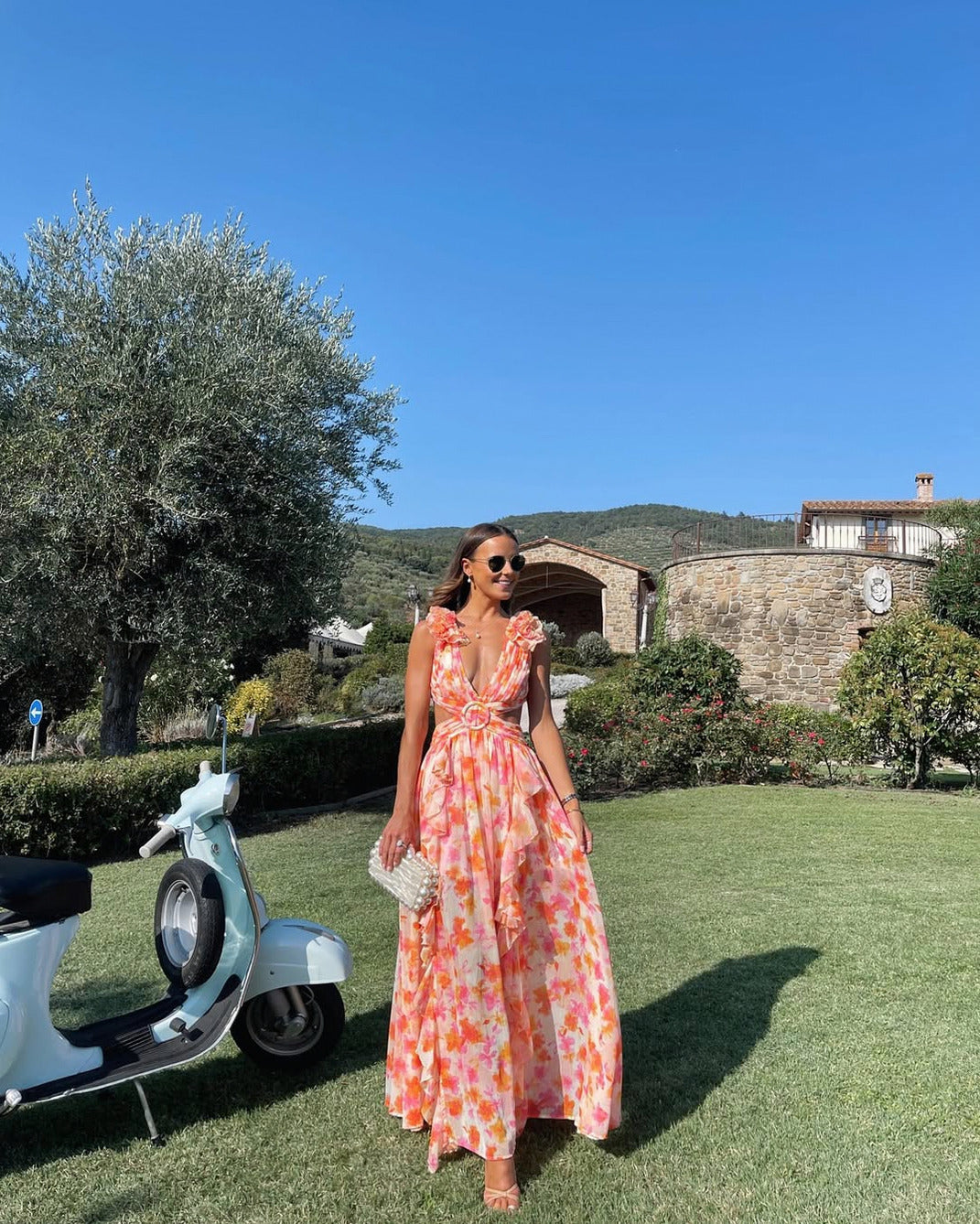 Floral Cutout Tiered Ruffle Maxi Dress
