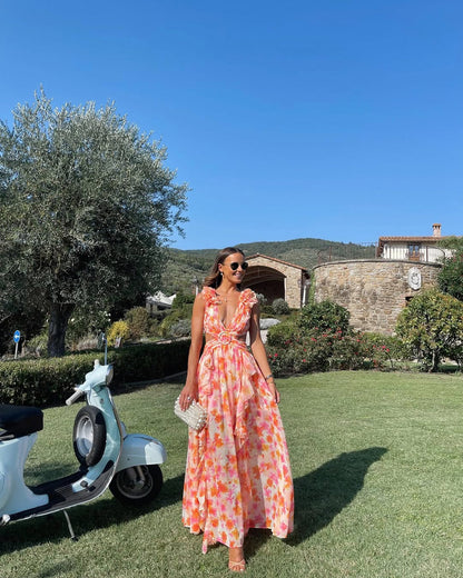 Floral Cutout Tiered Ruffle Maxi Dress