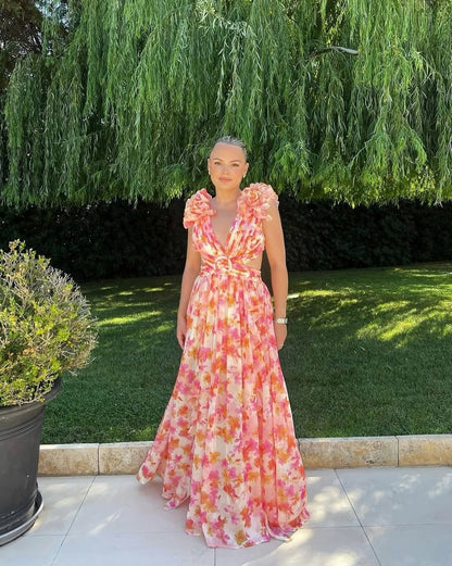 Floral Cutout Tiered Ruffle Maxi Dress