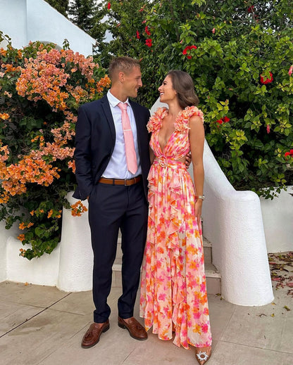Floral Cutout Tiered Ruffle Maxi Dress