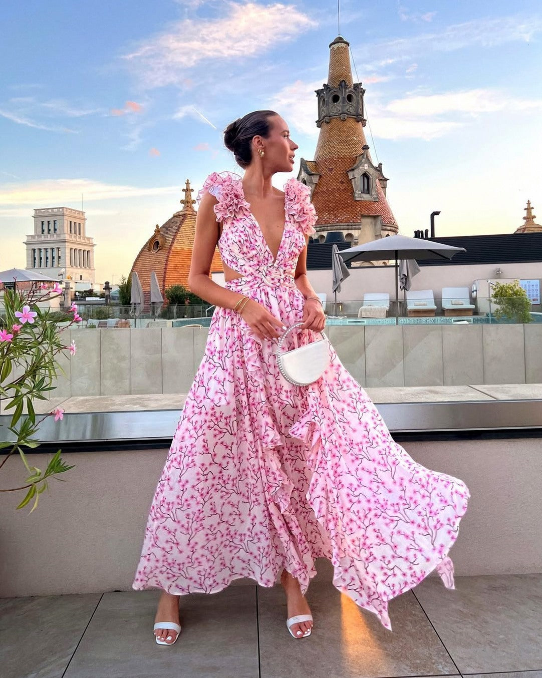 Floral Cutout Tiered Ruffle Maxi Dress
