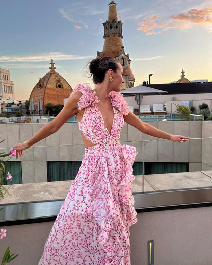 Floral Cutout Tiered Ruffle Maxi Dress