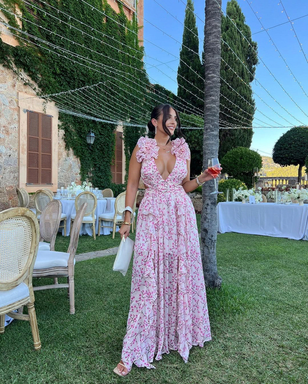 Floral Cutout Tiered Ruffle Maxi Dress