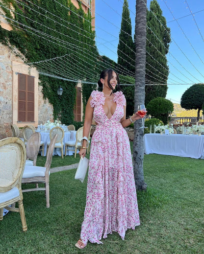Floral Cutout Tiered Ruffle Maxi Dress
