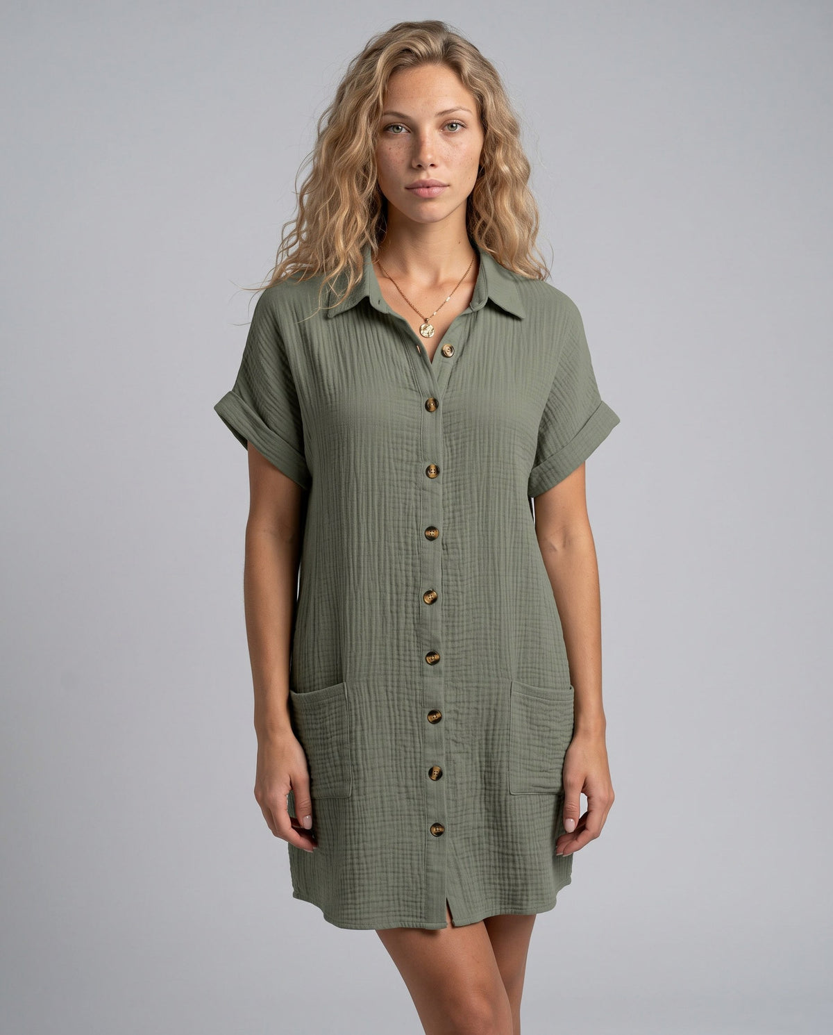Gauze Button Front Shirt Dress