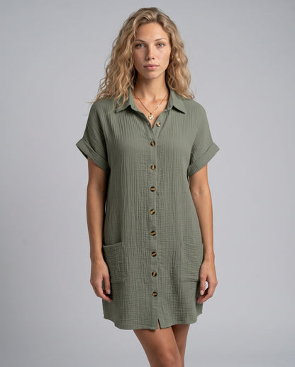 Gauze Button Front Shirt Dress