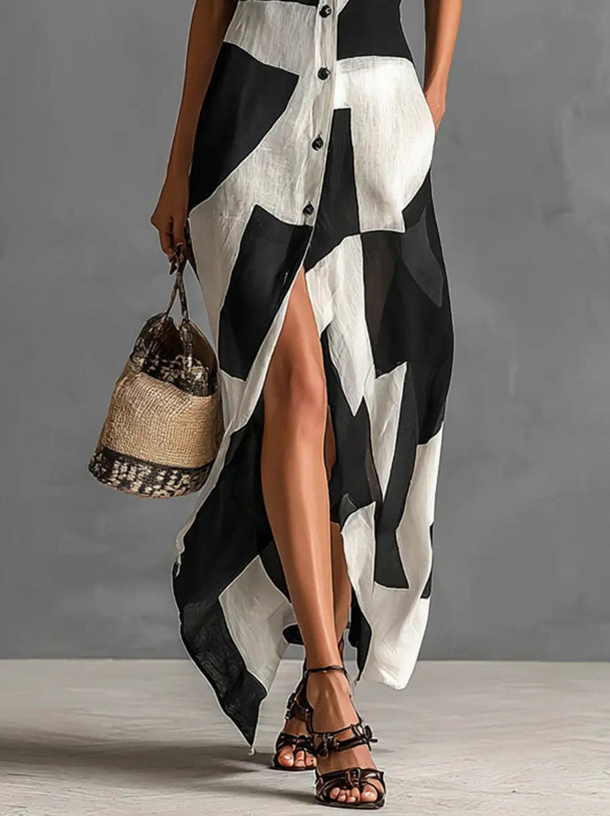 Geometric Button Front Maxi Shirt Dress