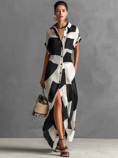 Geometric Button Front Maxi Shirt Dress
