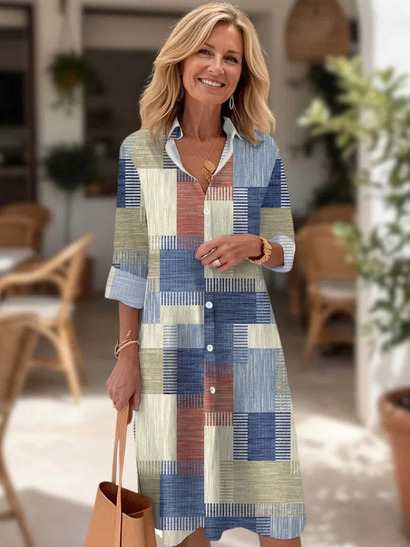 Geometric Button Front Shirt Dress