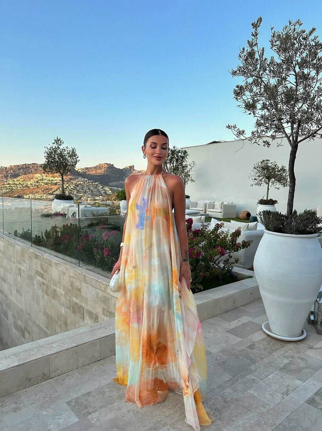Halter Pleated Chiffon Maxi Dress