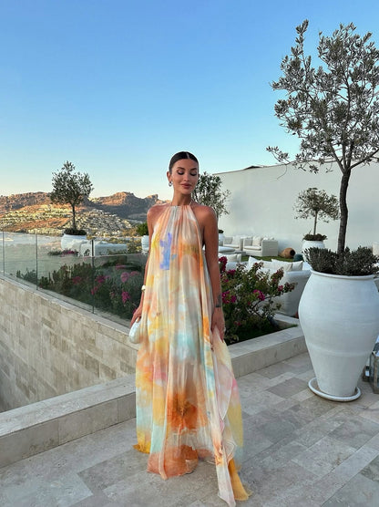 Halter Pleated Chiffon Maxi Dress
