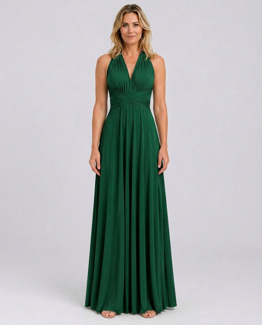 Halter Pleated Crossover Maxi Dress