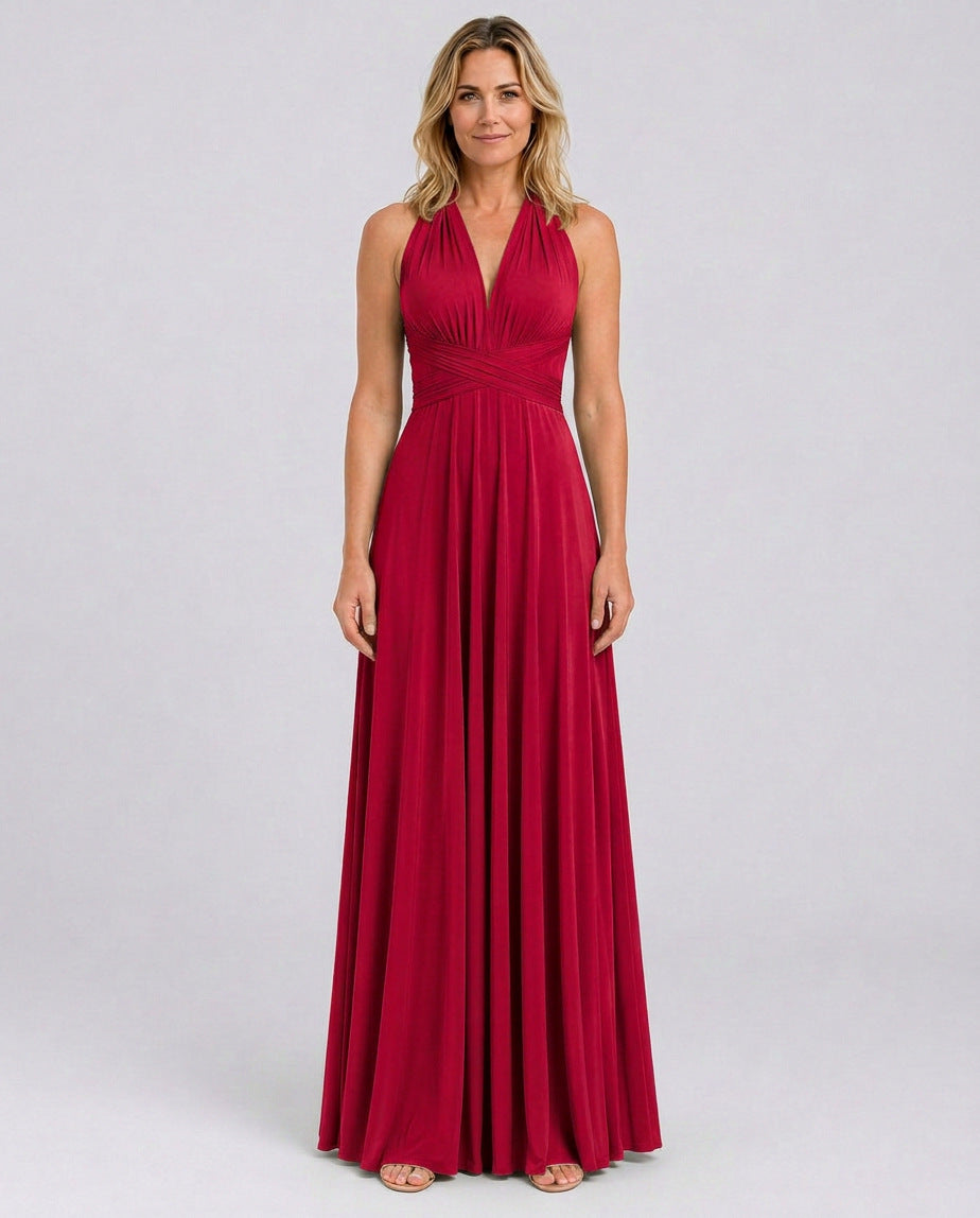 Halter Pleated Crossover Maxi Dress