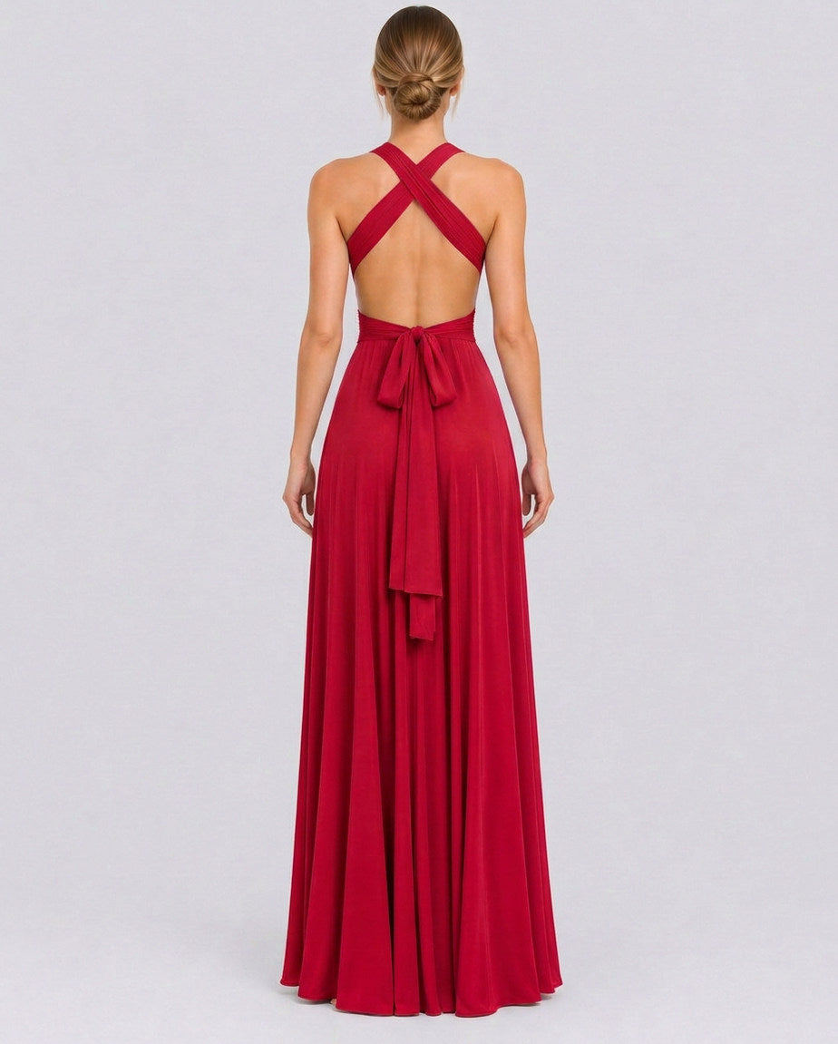 Halter Pleated Crossover Maxi Dress