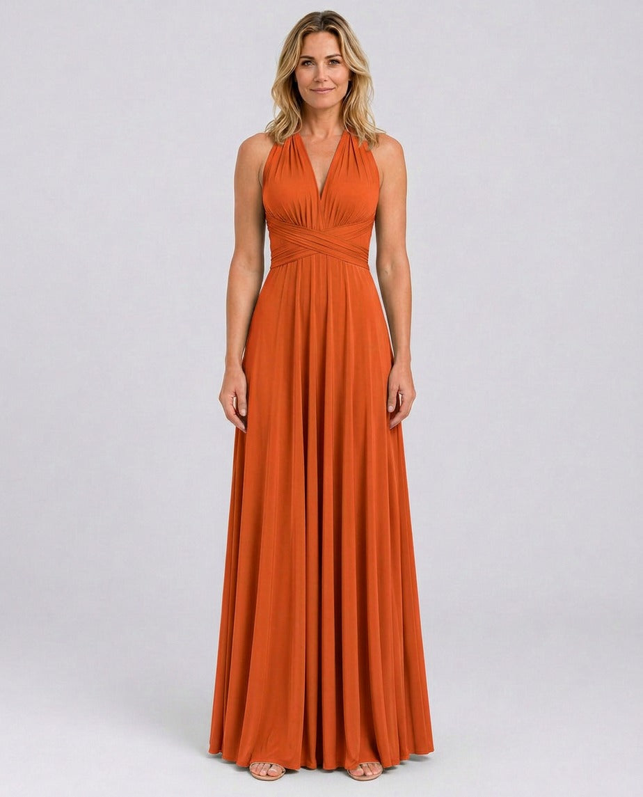 Halter Pleated Crossover Maxi Dress