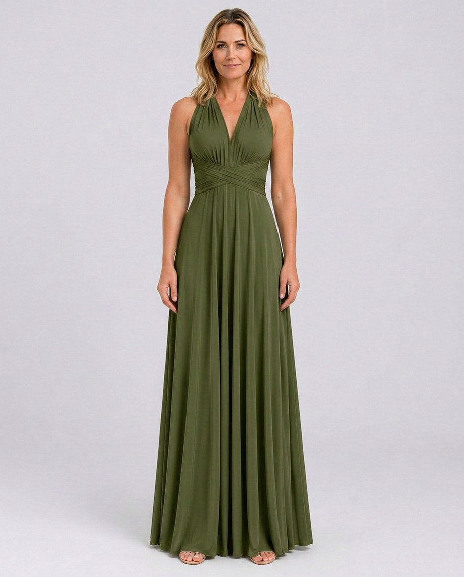 Halter Pleated Crossover Maxi Dress