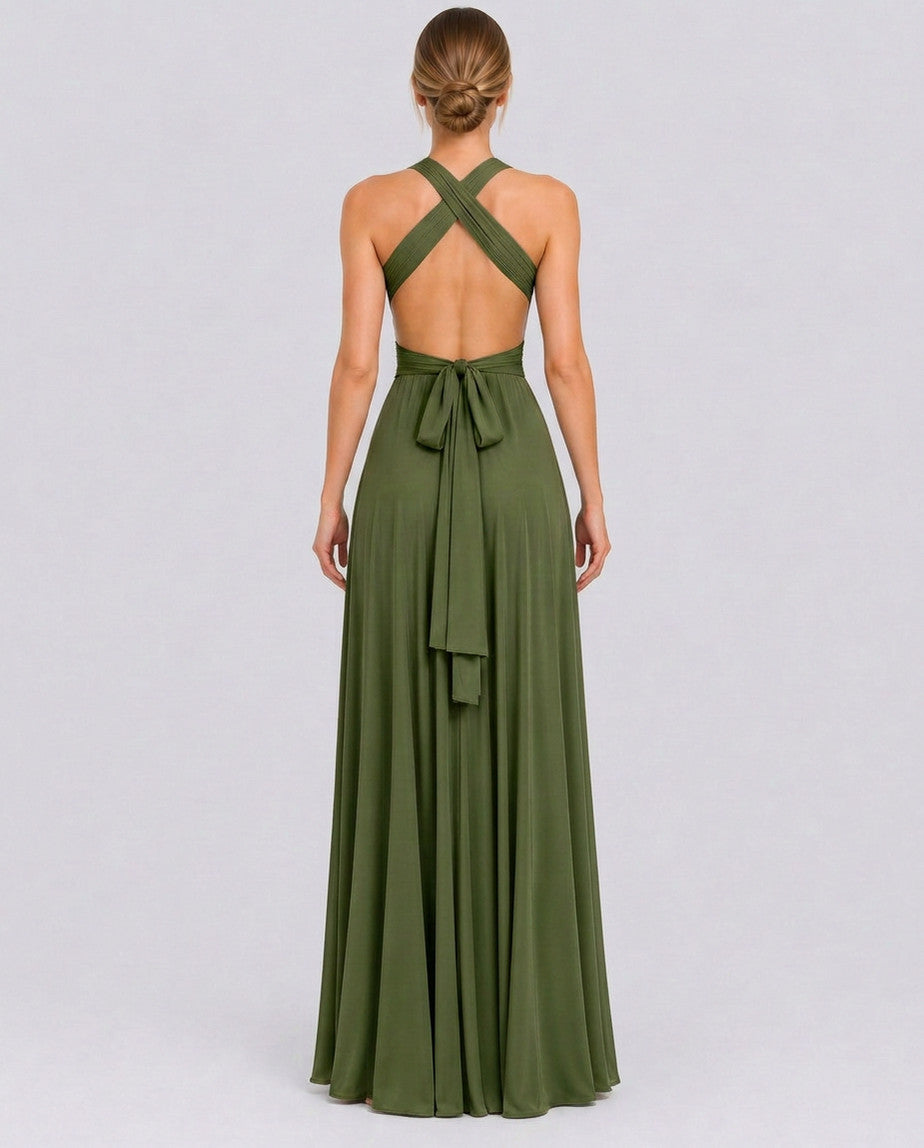 Halter Pleated Crossover Maxi Dress