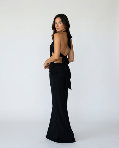Halter Plunge Ruched Maxi Dress