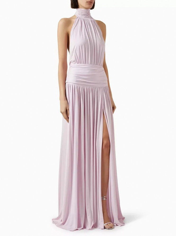 Halter Ruched Backless Maxi Dress