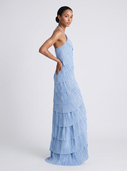Halter Pleated Tiered Maxi Dress