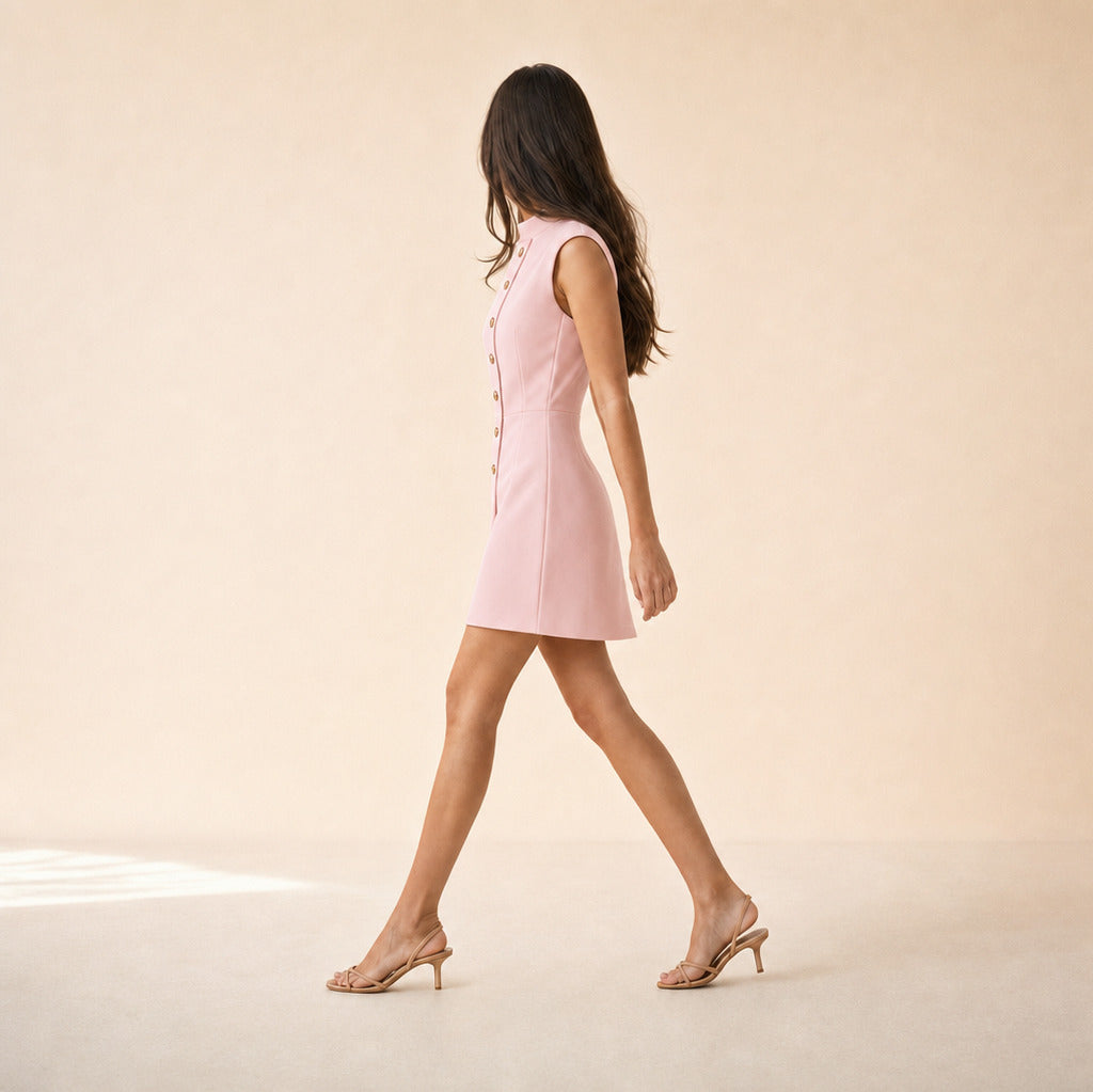 High Neck Button Front Mini Dress