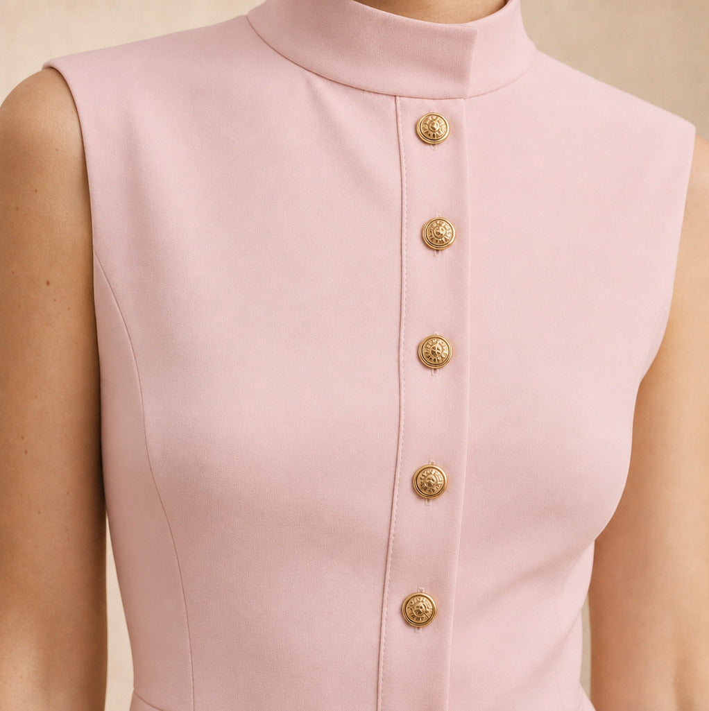 High Neck Button Front Mini Dress