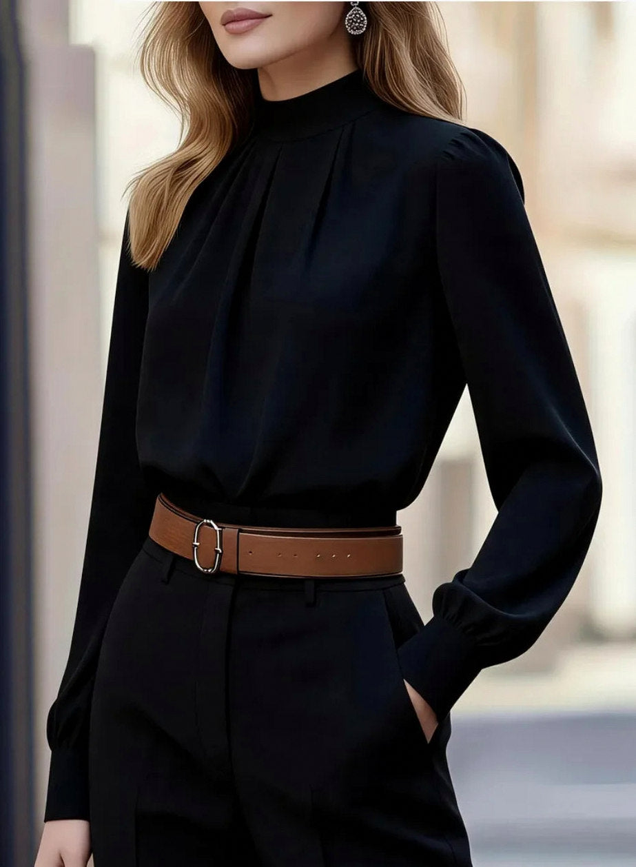 High Neck Pleated Chiffon Blouse