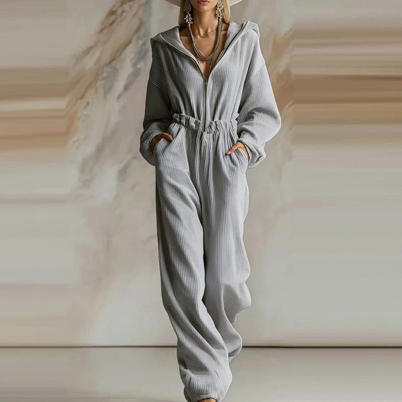 Knit Hooded Long Sleeve Jumpsuit