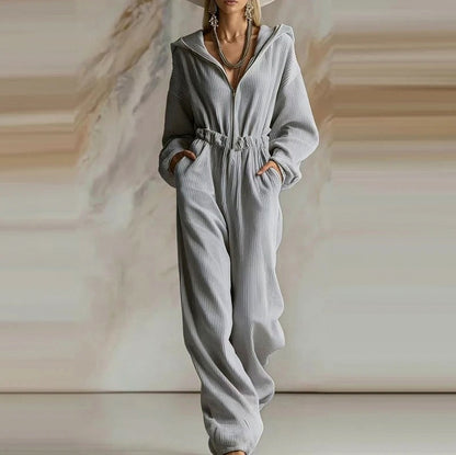 Knit Hooded Long Sleeve Jumpsuit