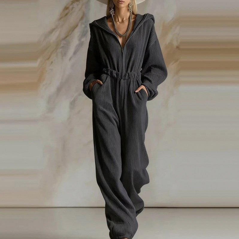 Knit Hooded Long Sleeve Jumpsuit