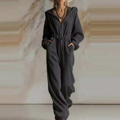 Knit Hooded Long Sleeve Jumpsuit