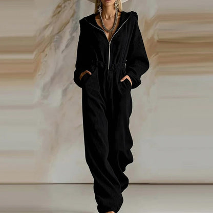 Knit Hooded Long Sleeve Jumpsuit