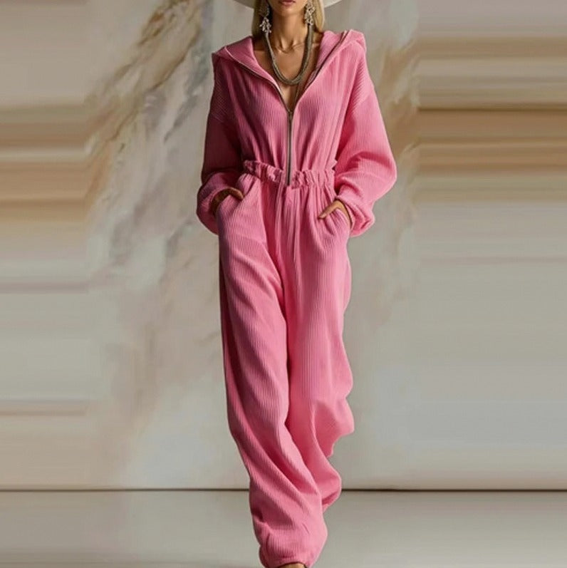 Knit Hooded Long Sleeve Jumpsuit