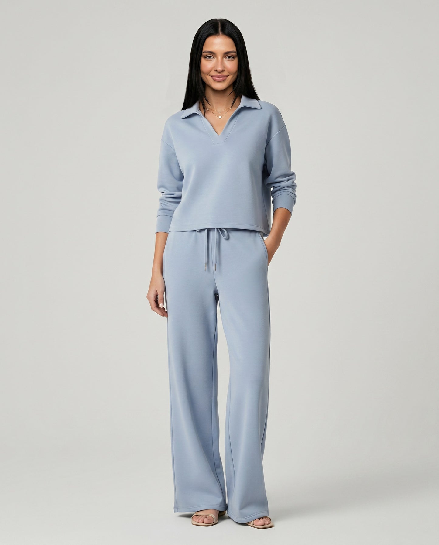 Knit Collared Wide Leg Lounge Set