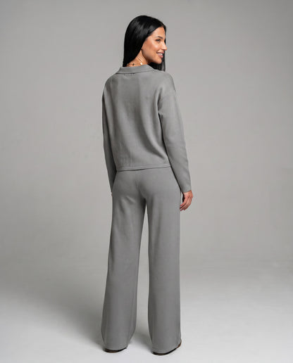 Knit Collared Wide Leg Lounge Set