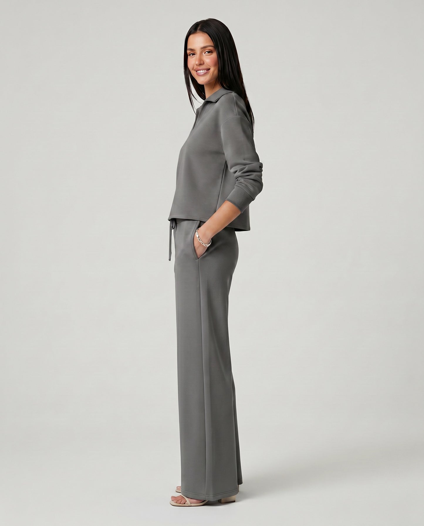 Knit Collared Wide Leg Lounge Set