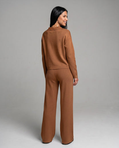 Knit Collared Wide Leg Lounge Set