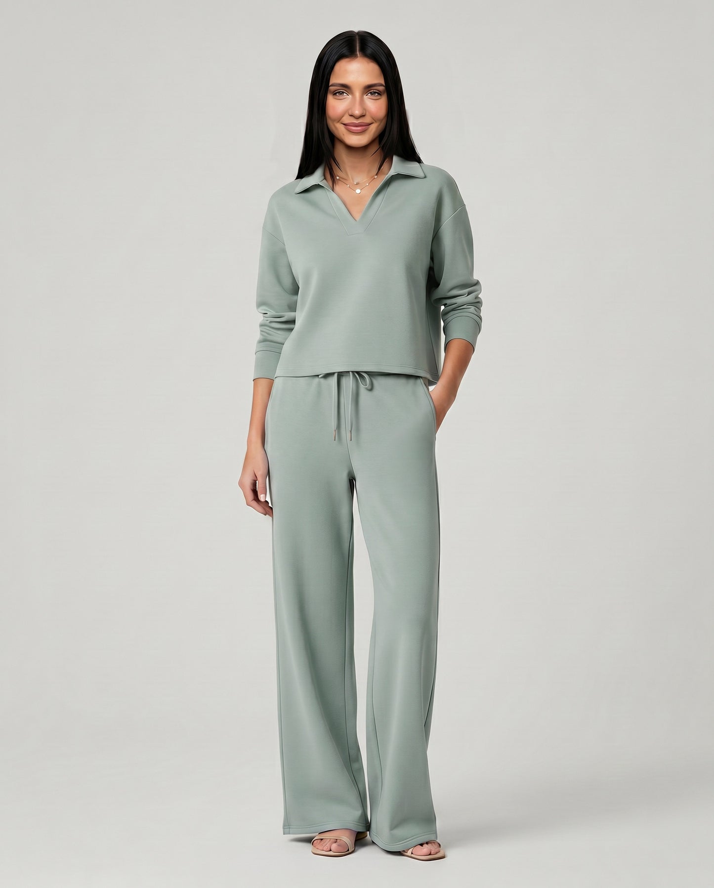 Knit Collared Wide Leg Lounge Set