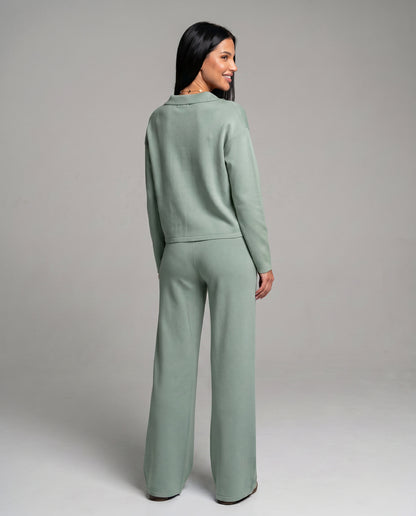 Knit Collared Wide Leg Lounge Set