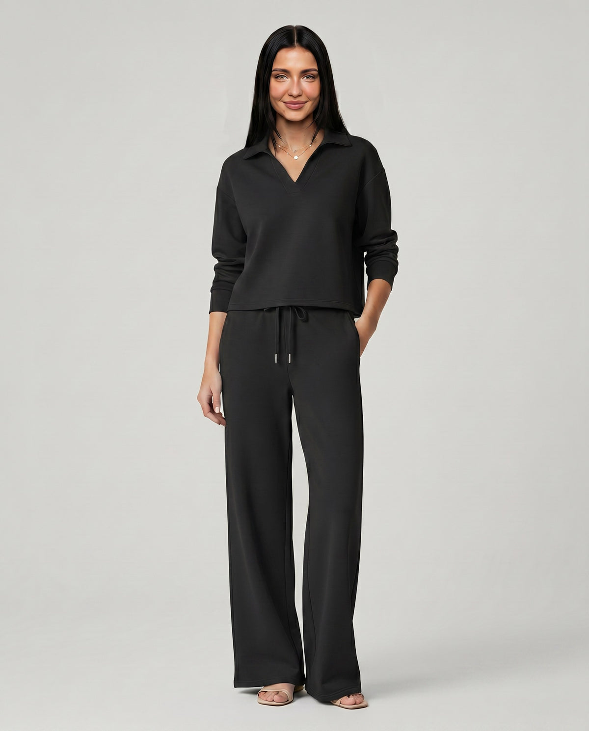Knit Collared Wide Leg Lounge Set