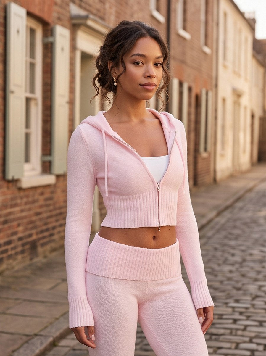 Knit Hooded Flare Pants Matching Set