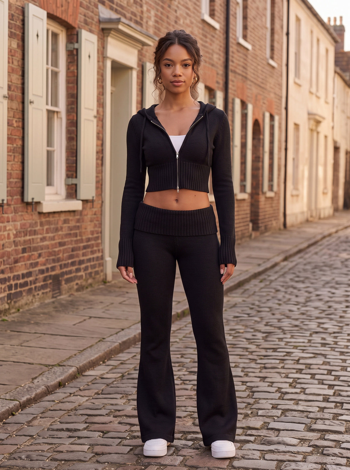 Knit Hooded Flare Pants Matching Set