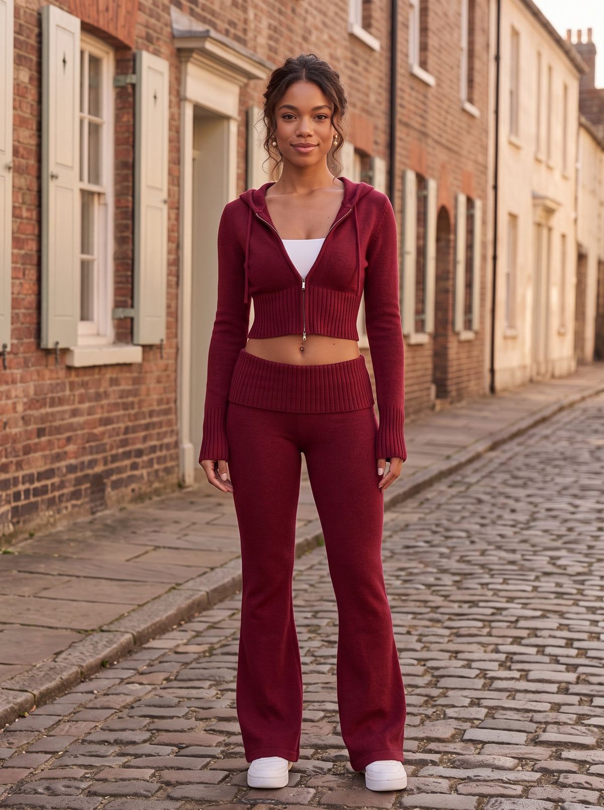 Knit Hooded Flare Pants Matching Set