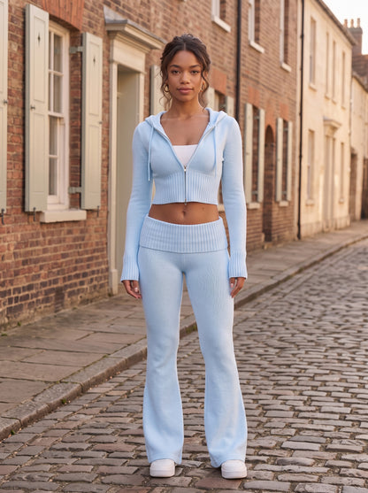 Knit Hooded Flare Pants Matching Set