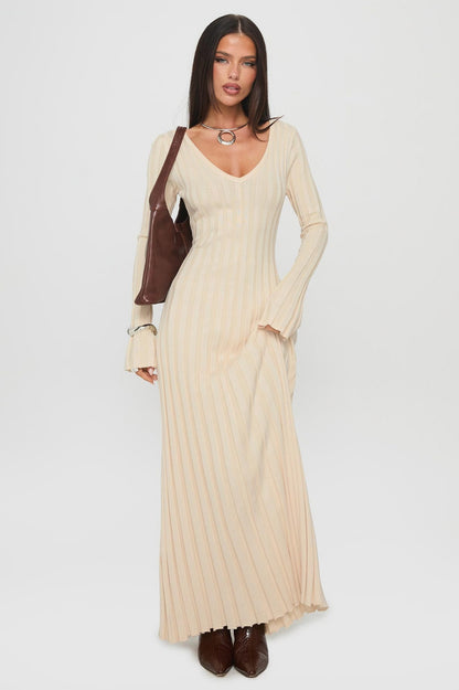 Ribbed Knit V Neck Long Sleeve Maxi Dress