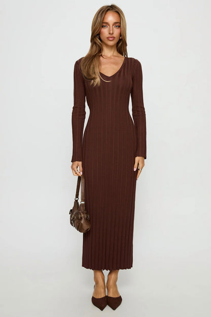 Ribbed Knit V Neck Long Sleeve Maxi Dress
