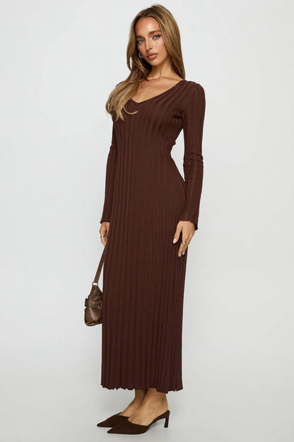 Ribbed Knit V Neck Long Sleeve Maxi Dress