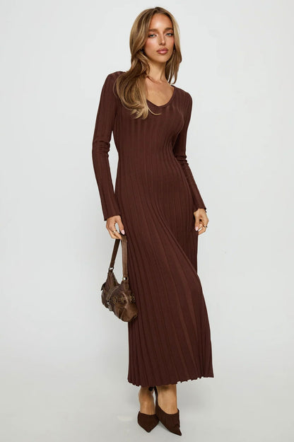 Ribbed Knit V Neck Long Sleeve Maxi Dress