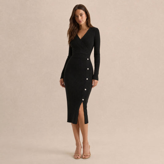 Knit Long Sleeve Wrap Midi Dress